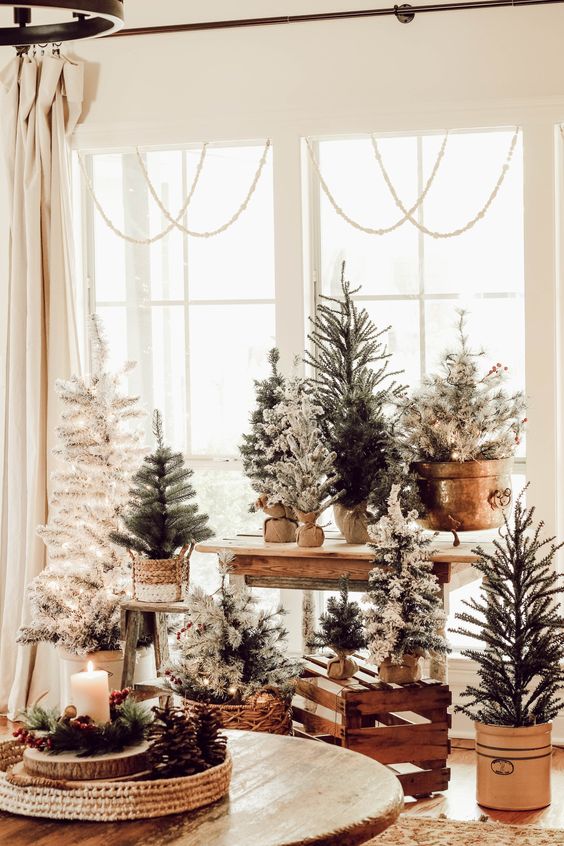 lots of usual, white and flocked Christmas trees in pots and baskets at the window will create holiday cheer easily