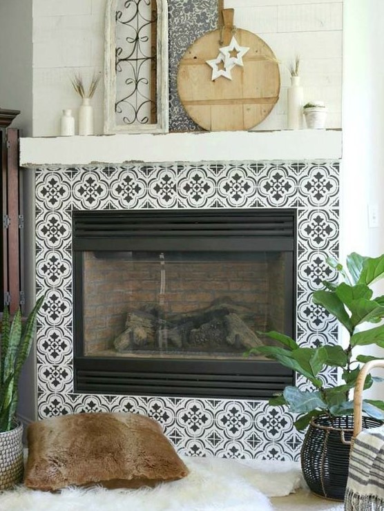 monochromatic tiles with a beautiful Moroccan-inspired pattern add a boho feel to the living room