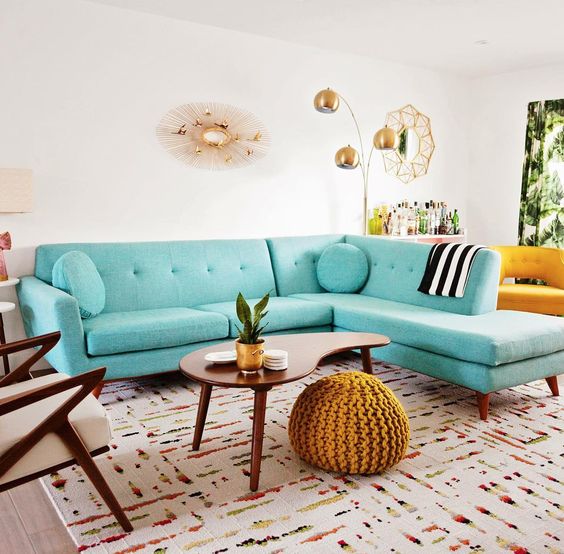 a beautiful curved rich-stained coffee table is a perfect solution for a mid-century modern living room