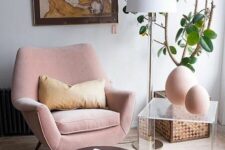 a beautiful pink chair with a comfortable design and a cushion is a cool and lovely idea for reading