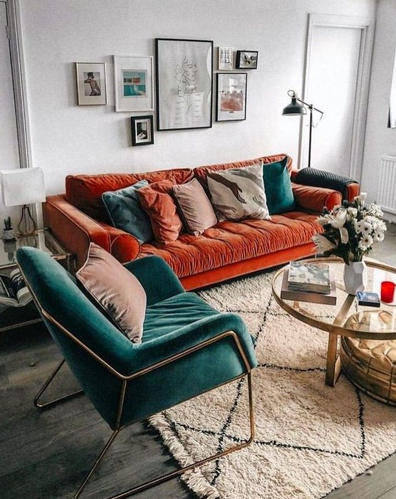 Rust colored velvet couch discount