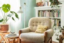 a cozy terrazzo-themed mid-century modern chair with soft armrests and a stained frame and legs is a cool idea