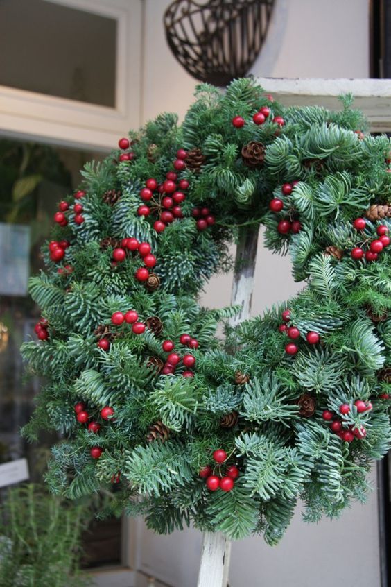 a fab Christmas wreath of evergreens, pinecones and cranberries is a very beautiful and cool front door decoration