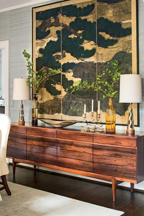 a fantastic rich-stained sideboard that accents the wood grain and has no detailing except for it is amazing