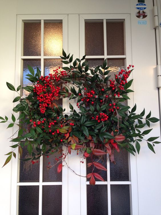 a lush and wild Christmas wreath of greenery and dark foliage and cranberries is a cool front door decor idea