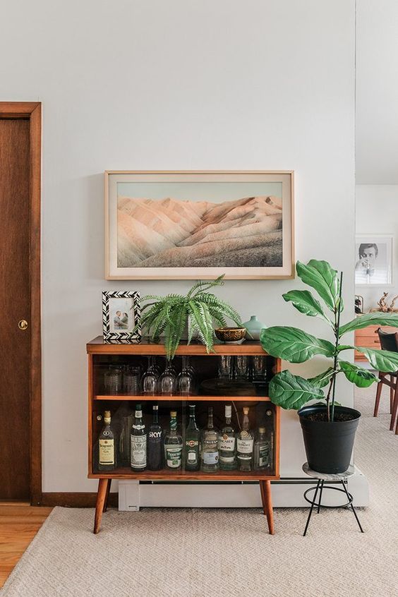 a small mid-century modern cabinet as a home bar, with glasses and bottles and plants around is a cool idea for a modern space