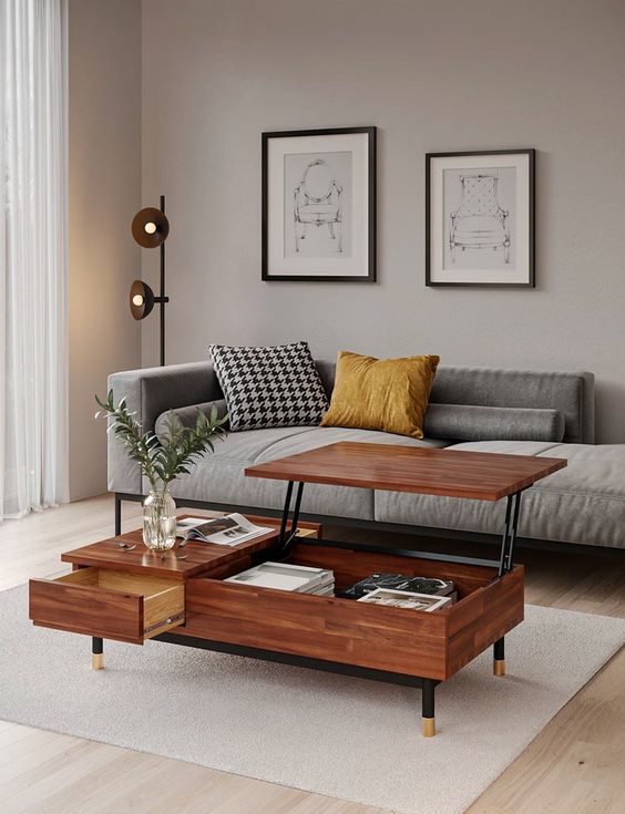 a stylish and functional mid-century modern coffee table with a drawer and a hidden compartment with a rising tabletop is cool