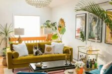a vibrant living room in bold colors, with a mustard sofa, navy chairs, a bold abstract rug, potted plants and a cool bar cart