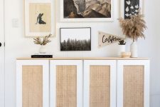 an IKEA Ivar cabinet done with cane webbing is a stylish idea for most places, and a wooden countertop adds coziness
