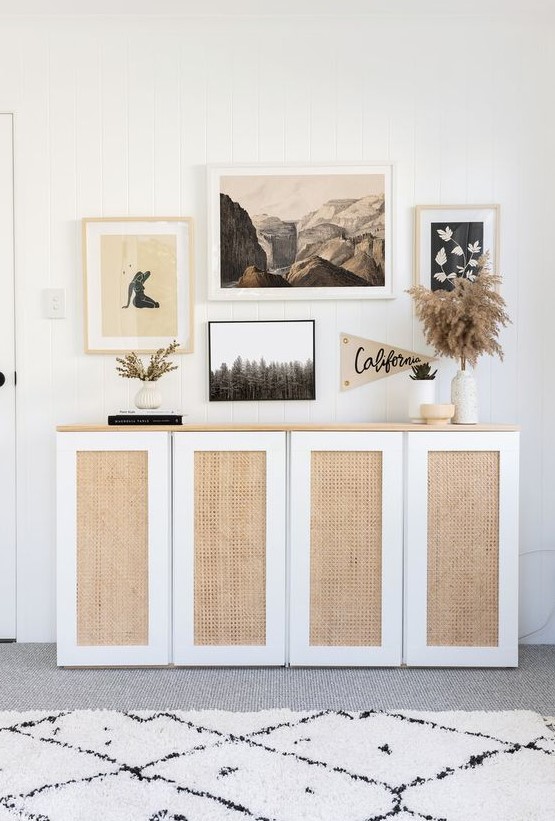 an IKEA Ivar cabinet done with cane webbing is a stylish idea for most places, and a wooden countertop adds coziness