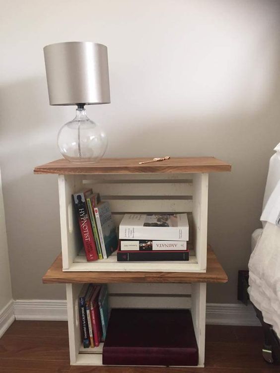 a pretty and cool modern nightstand of white crates and with stained tabletops is a lovely rustic idea for a modern bedroom