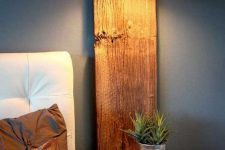 a stained wooden nightstand – a wooden plank attached to the wall and an additional small shelf, a sconce attached and some potted succulents