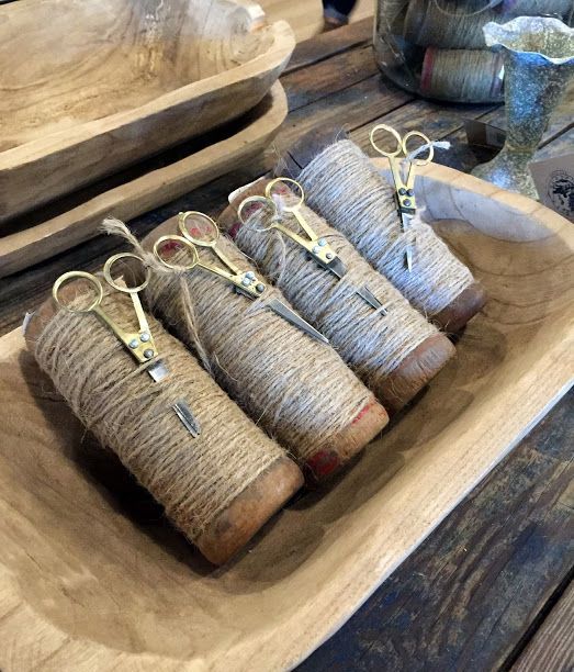 twine and scissors can be stored in dough bowls - a good idea for keen gardeners