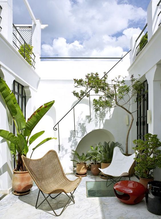 a chic terrace with butterfly furniture, potted greenery, a mobile hearth and much natural light