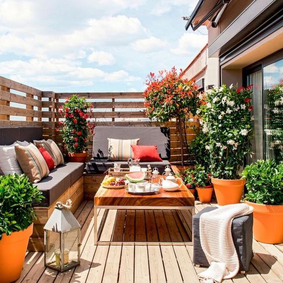 a cozy bright terrace with wooden upholstered benches, a chic coffee tables, potted greenery and flowers