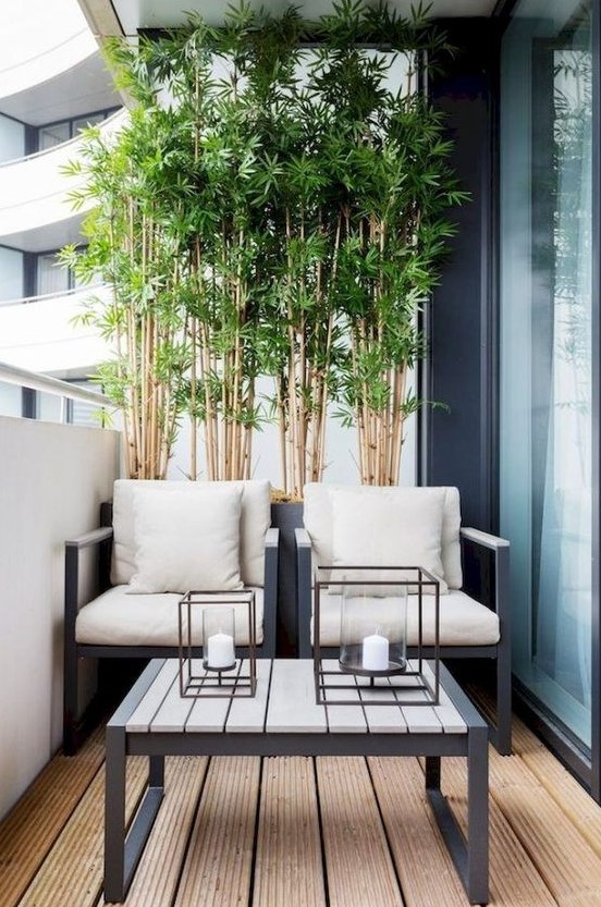 a laconic balcony in modern style, with bamboo, a couple of neutral chairs, a coffee table with candle lanterns is a cool idea