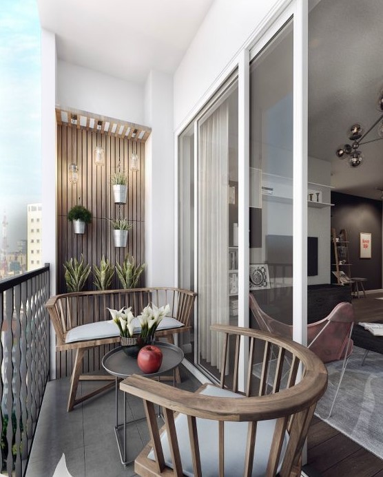 a modern balcony with a wooden accent wall with potted plants, a wooden bench and a chair plus a round table is a cool and laconic space