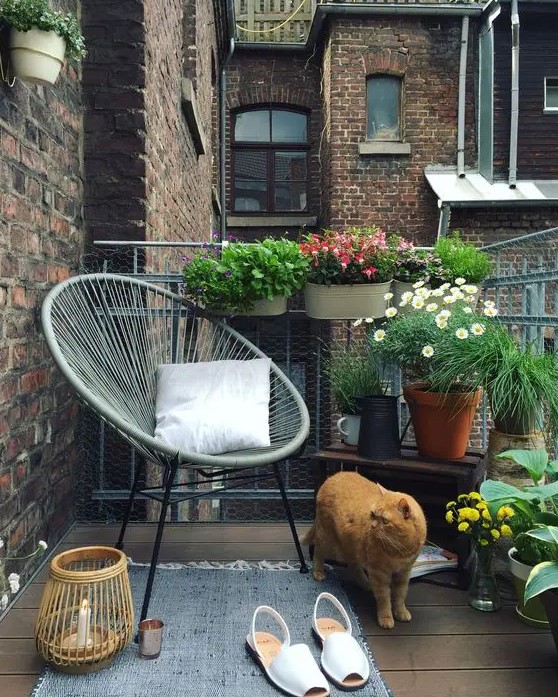a summer balcony with potted greenery and blooms, a chair, a rug and candles