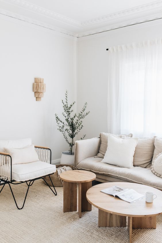 a welcoming neutral living room with a neutral sofa and a black metal chair with white upholstery, round coffee tables and a potted plant