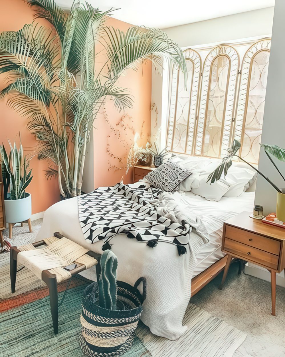 a bright boho bedroom with a rattan screen, wooden furniture, a peachy wall, potted plants and greenery and a wicker stool