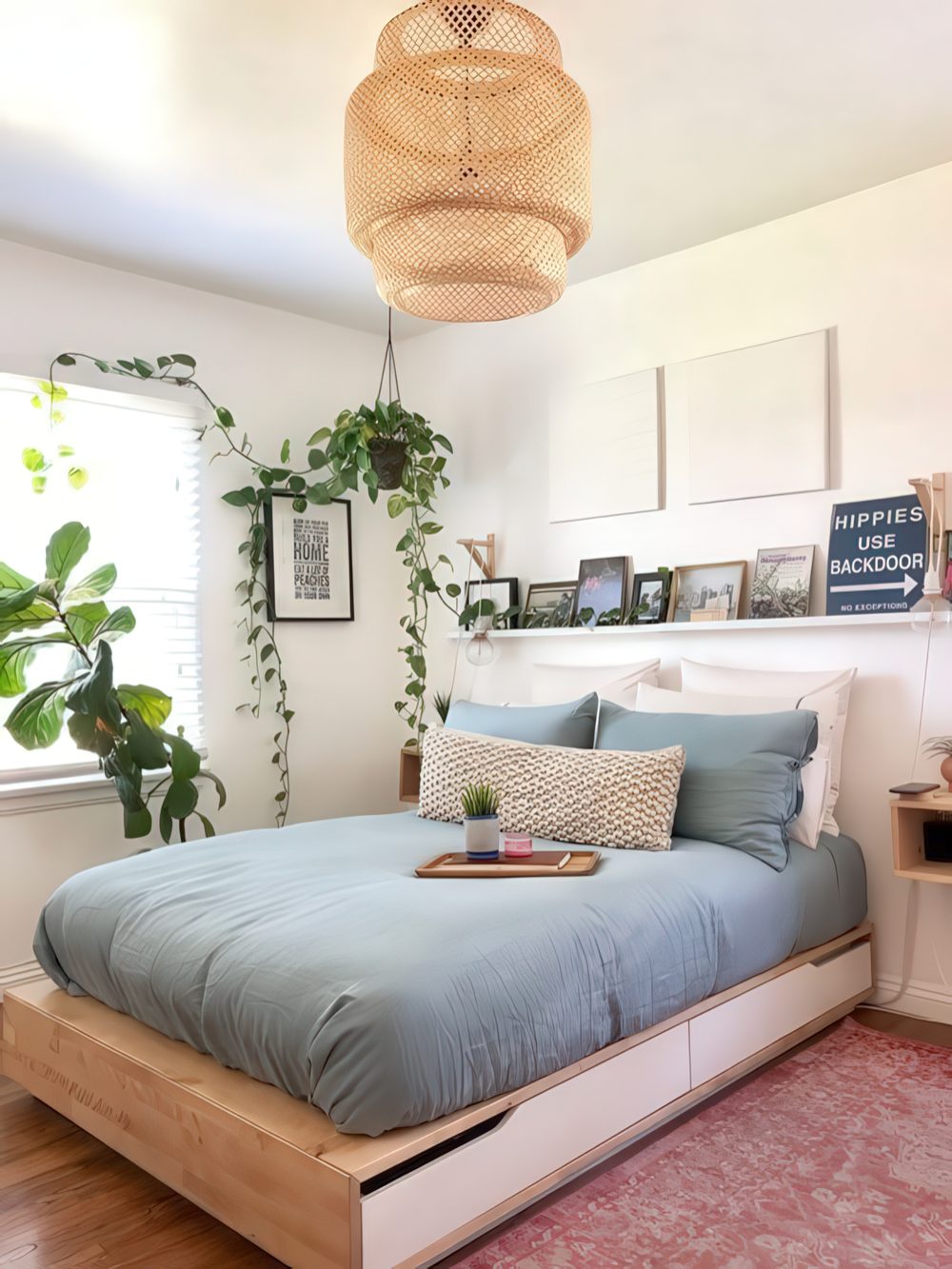 a contemporary small bedroom with a storage bed, a ledge with a gallery wall, a wicker lamp and potted greenery