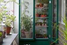 a green greenhouse with lots of potted plants and more plants around it for a spring look