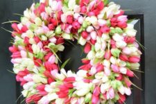 a lush and bright faux tulip wreath is an ultimate decoration for spring and Easter, and it’s very long-lasting
