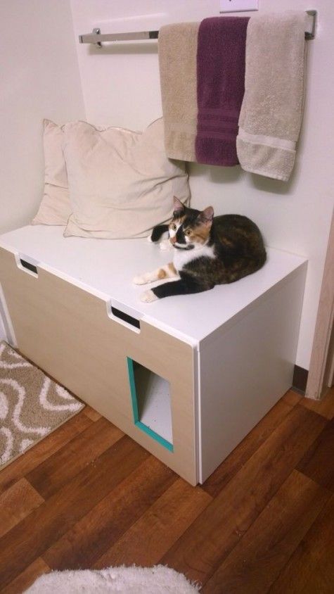 a minimalist IKEA cabinet renovated for your cat - a cat toilet inside and a comfy entrance