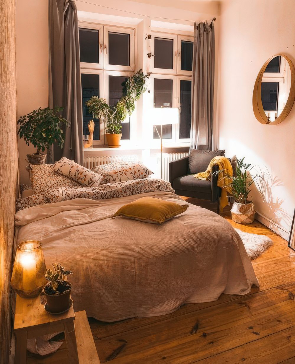 a small boho bedroom with a large bed, potted greenery, muted color textiles and a mirror on the wall