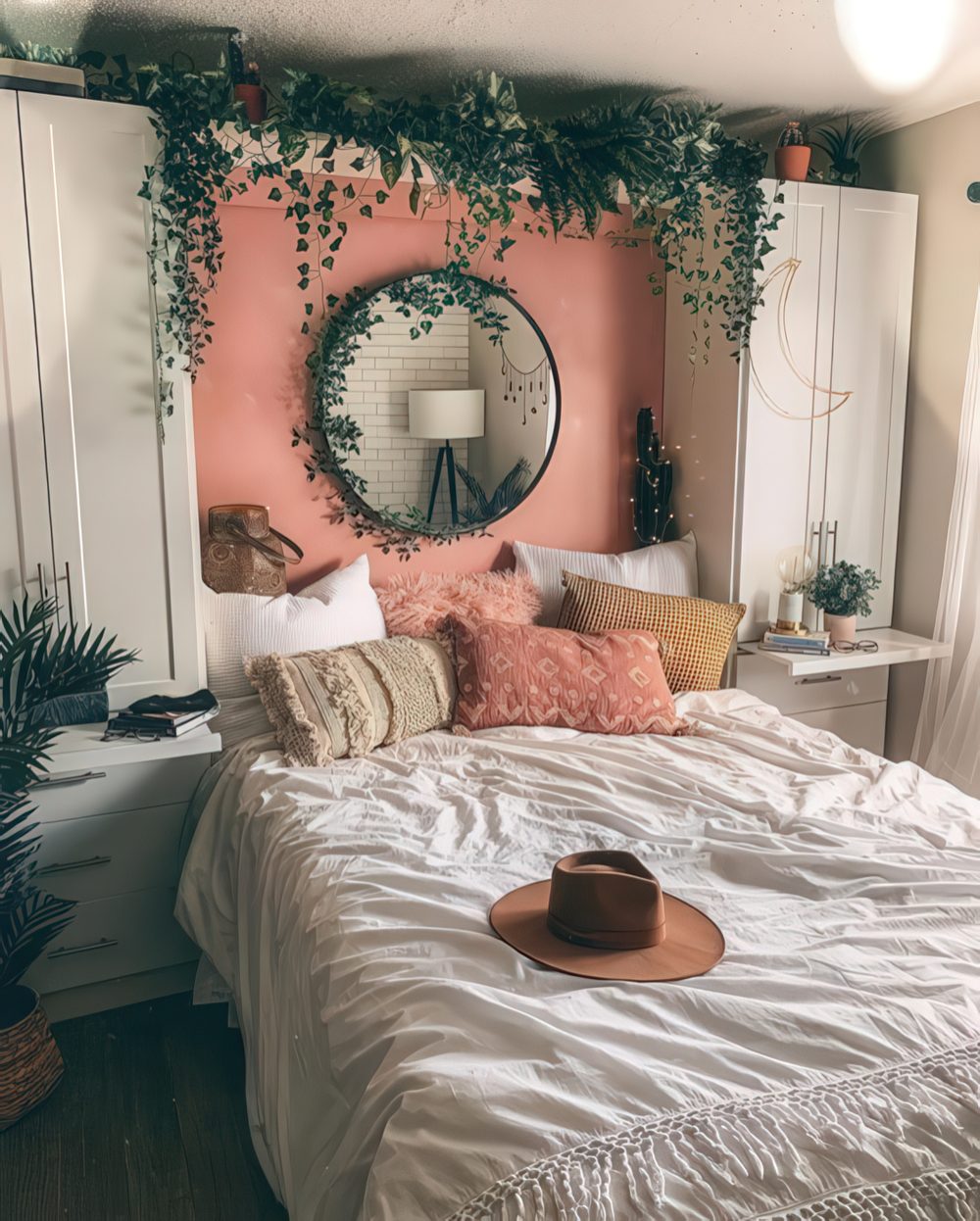 a small boho bedroom with white wardrobes and a built-in bed, lots of cascading greenery, boho pillows and lights