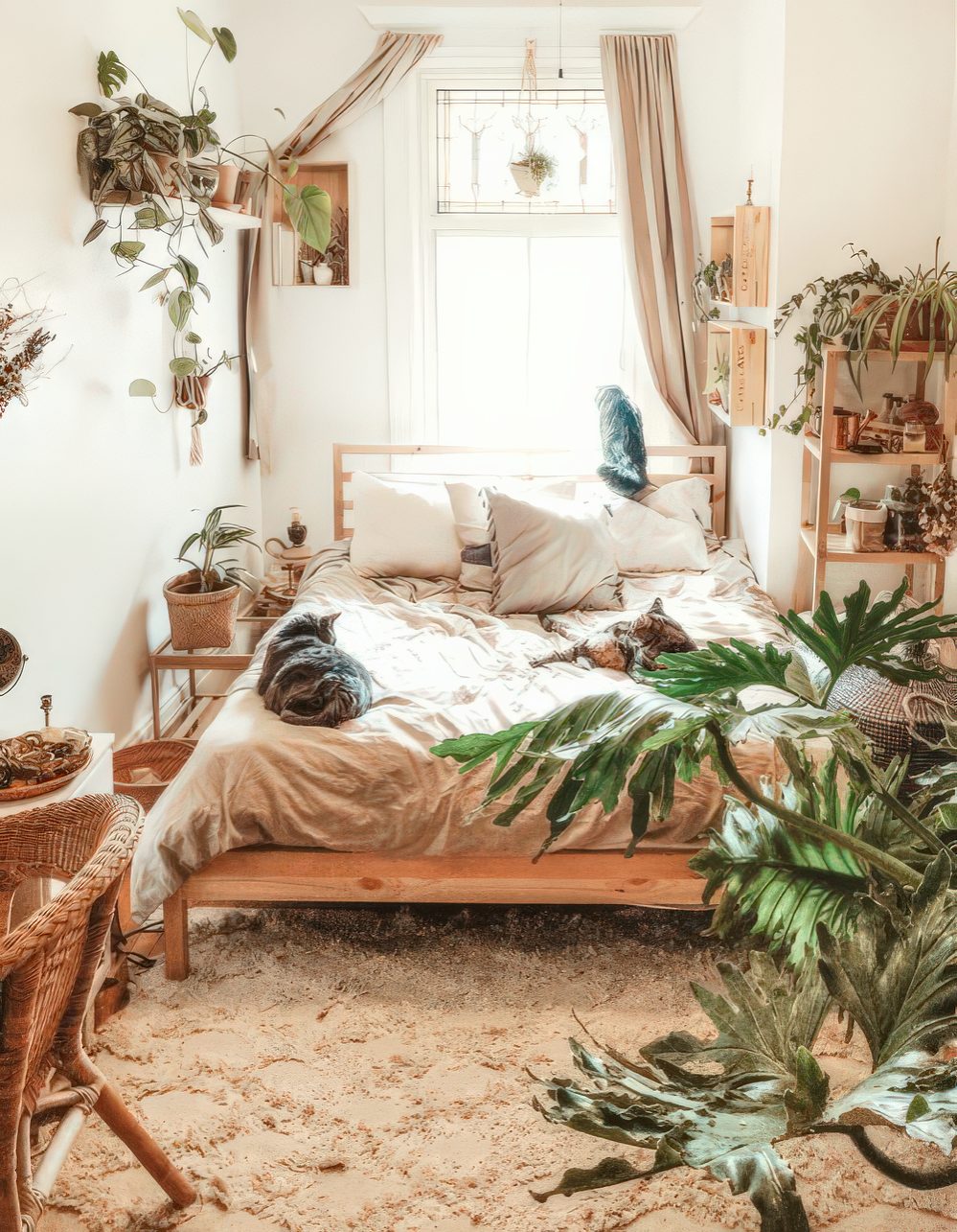 a small boho bedroom with wooden and wicker furniture, potted greenery, neutral textiles is flooded with light