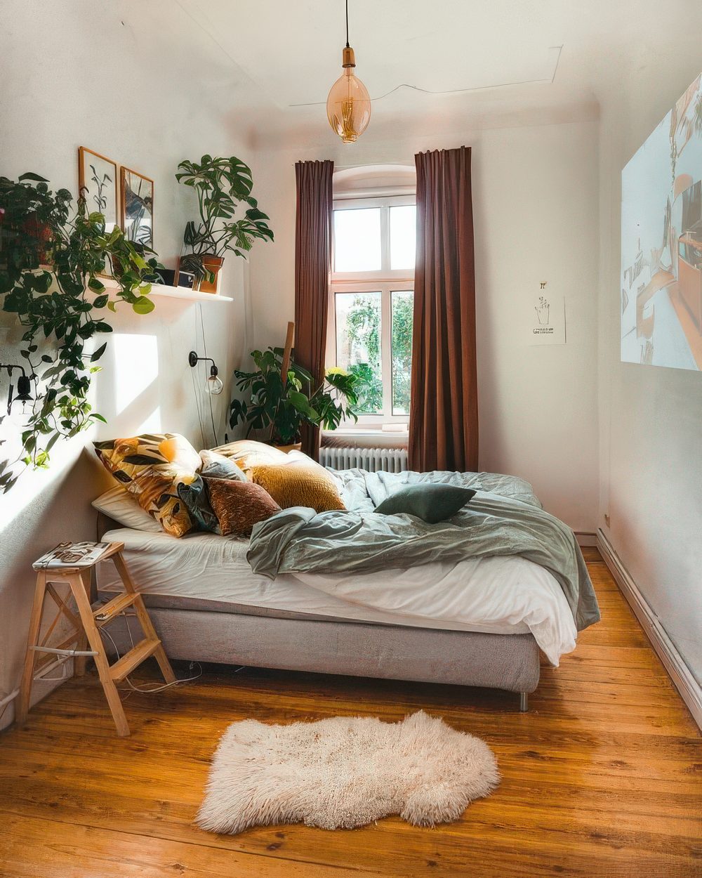 a small cozy bedroom with an upholstered bed, jewel tone textiles, potted greenery and faux fur plus a pendant lamps