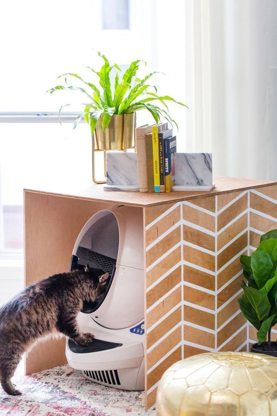 a stenciled cat litter box cover can double as a simple side table or an additional cat bed