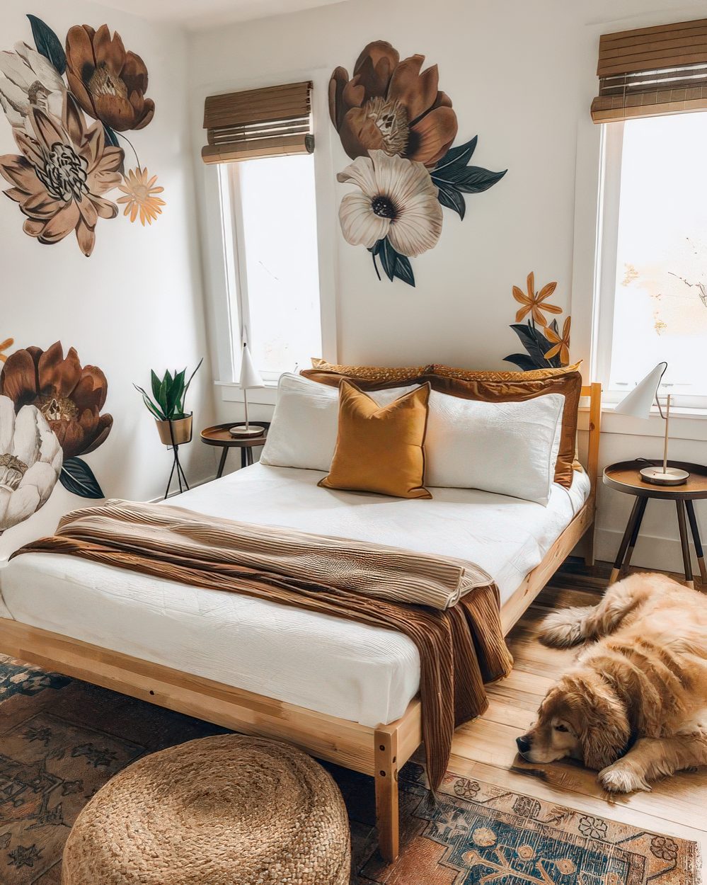 a tiny earthy bedroom with floral decals, wooden furniture, a rattan ottoman and a boho rug