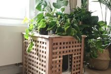 an IKEA Hol table hack with a cat litter box inside and lots of plants on top fulfills two functions