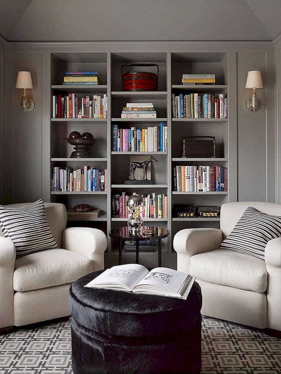 stylish built-in grey bookshelves are nice for integrating them into your living room or some other room