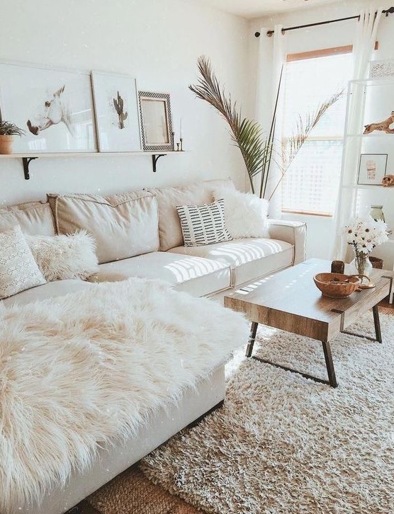 an inviting living room with a white sofa, a low coffee table, a ledge gallery wall and a potted statement plant