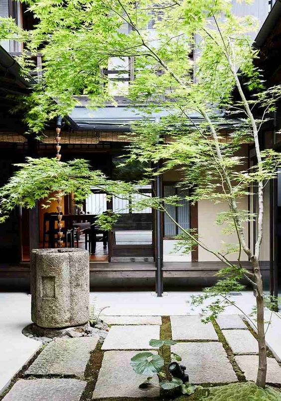 un patio japonés con baldosas de piedra, vegetación, un cuenco de piedra y un árbol es un espacio de ensueño que relaja