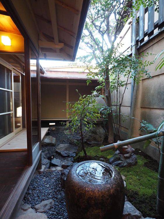 un hermoso patio trasero japonés con guijarros y rocas, algo de musgo, un par de árboles y una fuente tradicional de bambú en el centro