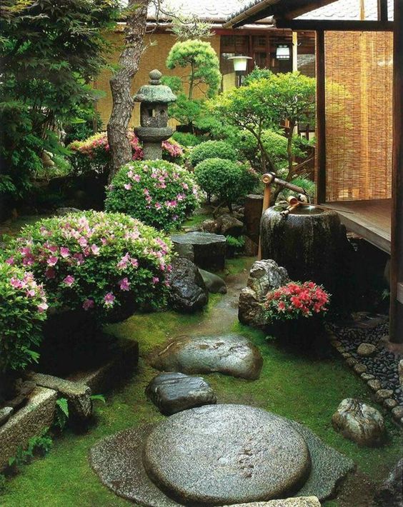 un hermoso jardín japonés con césped, rocas, flores, una fuente de bambú y un farol de piedra, además de algunos árboles bajos