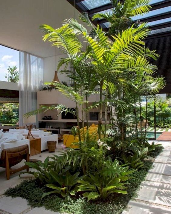 a lush tropical garden under a glass ceiling is what you need to create a luxh and relaxing courtyard
