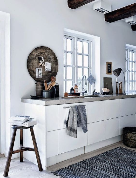 a minimalist white kitchen with sleek cabinets, concrete countertops and items of rough wood for texture