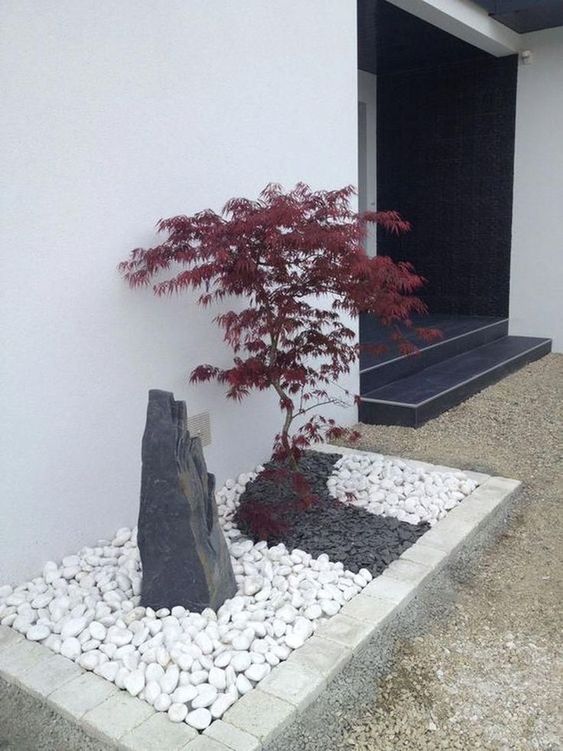 black and white pebbles, a large rock and a red maple mini tree at the entrance will make the space look wow