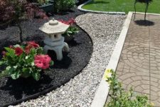 black and white pebbles, bold blooms, shrubs and mini maples for an elegant Japanese front yard