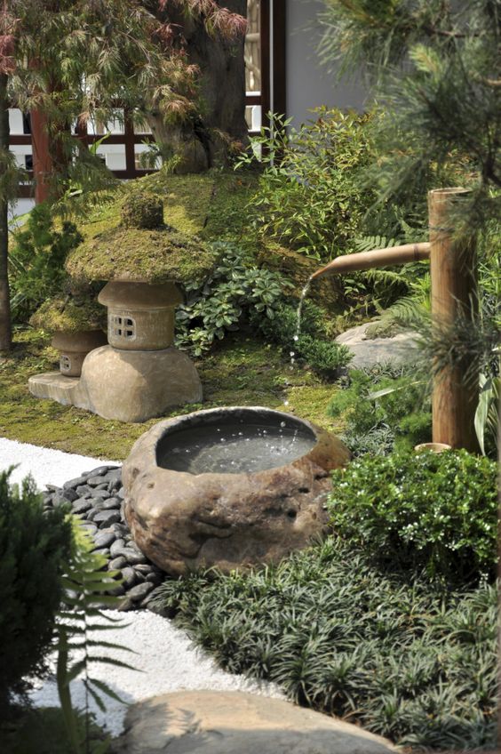 grass and greenery, pebbles, a stone and bamboo fountain, a stone and moss lantern for creating a lovely Japanese space