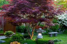 grass, shrubs, bold blooms and a red maple, a stone lantern plus a stone bench for a bold modern Japanese front yard