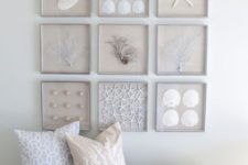 a cool gallery wall with seashells, starfish, corals and other sea stuff for a coastal entryway