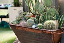 a large metal cart with succulents and cacti is a stylish and bold rustic decor idea for outdoors