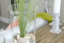 a tall glass with beach sand, seashells and some grass for decorating your console table