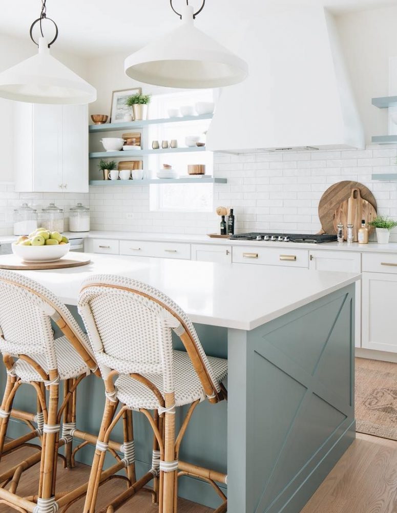 Amazing Beach Inspired Kitchen Designs, White Kitchen Cabinets With Light Blue Island